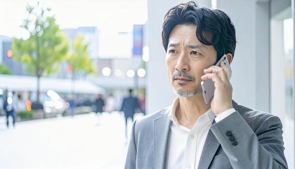 困った表情で電話する中年 困った表情で電話する中年の写真