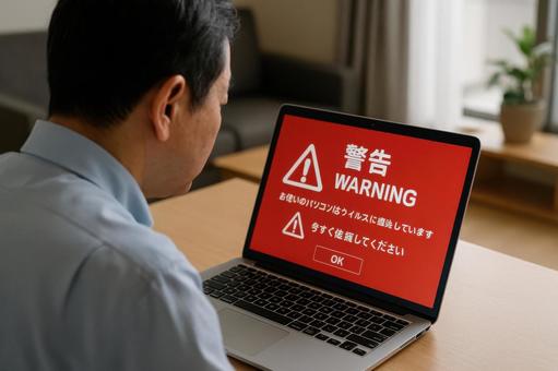 偽警告画面を見る男性 偽警告画面を見る男性の写真