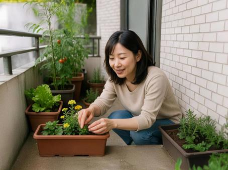家庭菜園と女性 家庭菜園と女性の写真