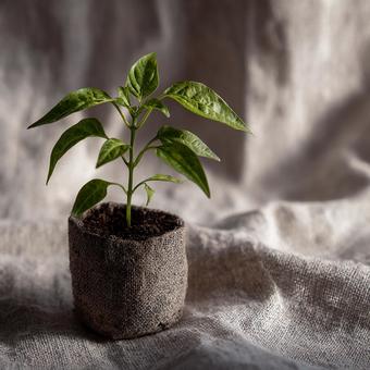 土と麻布の質感、成長する植物 土と麻布の質感、成長する植物の写真