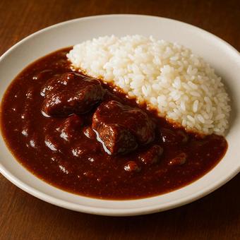 大きな肉入りカレーライスの写真