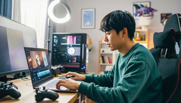 動画編集をするユーチューバー 動画編集をするユーチューバーの写真