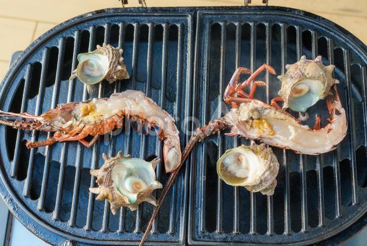 伊勢海老とサザエのグリル 伊勢海老,サザエ,バーベキューの写真素材