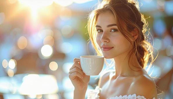 コーヒーを飲む外国人女性のポートレート コーヒーを飲む外国人女性のポートレートの写真