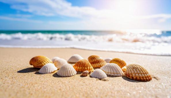 ビーチと貝殻のある風景 夏の海 ビーチと貝殻のある風景 夏の海の写真