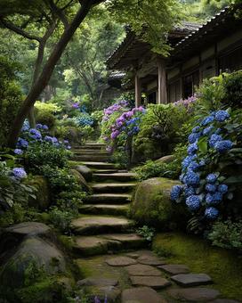 色鮮やかな紫陽花に彩られた古刹の参道 色鮮やかな紫陽花に彩られた古刹の参道の写真