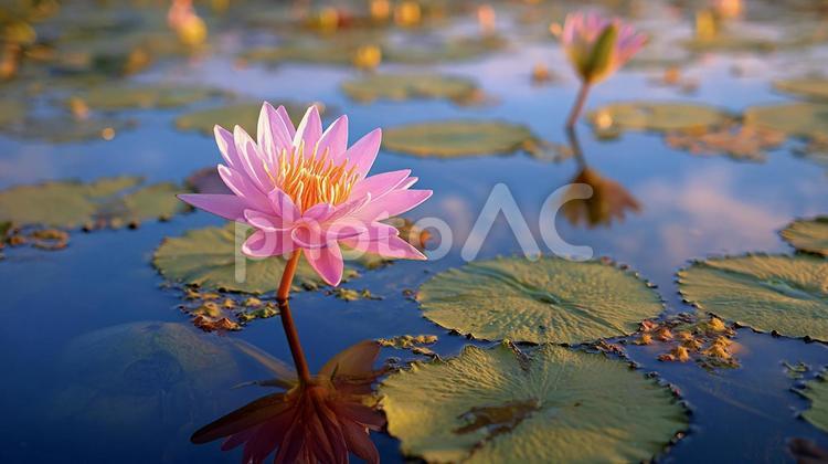 朝日に照らされる美しいピンクの蓮の花 蓮,ハス,蓮の花の写真素材