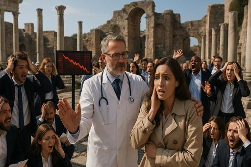 株価暴落と古代遺跡の混乱の写真