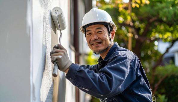 住宅の外壁塗装をする作業服の男性 住宅の外壁塗装をする作業服の男性の写真