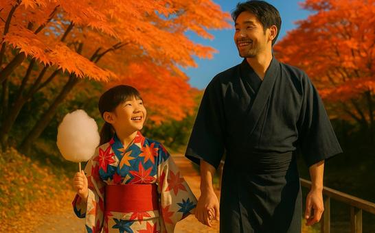 AI生成|昼の紅葉と浴衣父子 AI生成|昼の紅葉と浴衣父子の写真