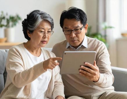 タブレットを見ながら真剣な表情の中年夫婦 タブレットを見ながら真剣な表情の中年夫婦の写真