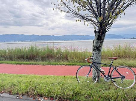 サイクリング サイクリング,自転車,湖の写真素材