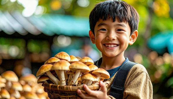 きのこ狩り キノコを収穫して笑顔の男の子 きのこ狩り キノコを収穫して笑顔の男の子の写真