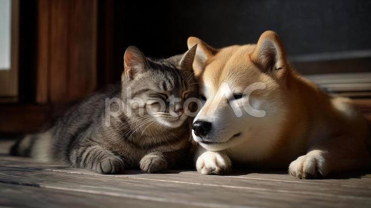 仲良しな柴犬と虎猫 犬,猫,柴犬の写真素材