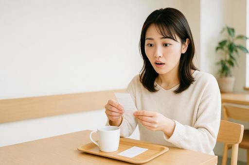カフェでレシートを確認する女性の写真