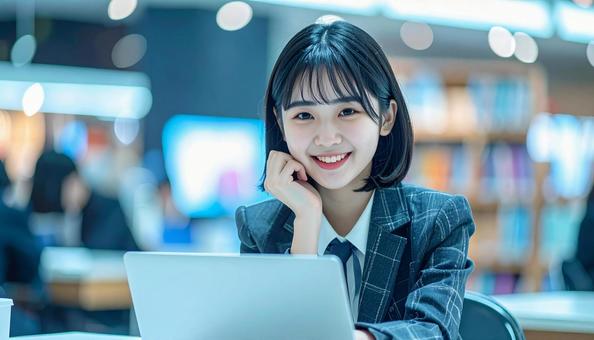パソコンと笑顔の女性 パソコンと笑顔の女性の写真