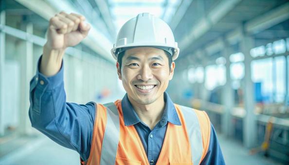 建設現場でポーズをとる建設作業員 建設現場でポーズをとる建設作業員の写真