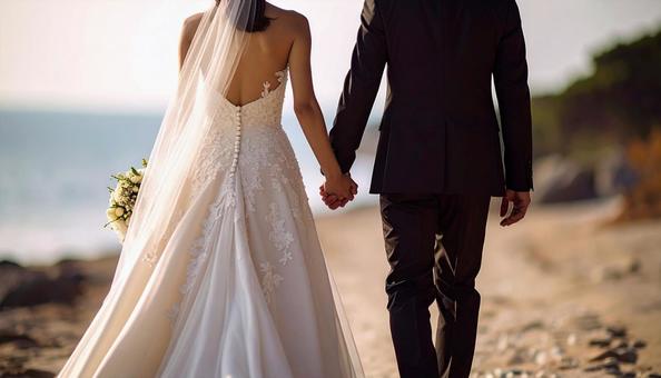 結婚式で手をつないで歩く新郎新婦 結婚式で手をつないで歩く新郎新婦の写真