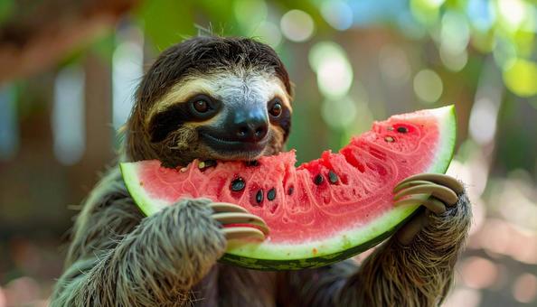 スイカを食べるナマケモノ スイカを食べるナマケモノの写真