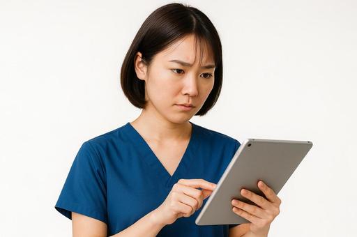 タブレットを見つめる真剣な看護師 タブレットを見つめる真剣な看護師の写真