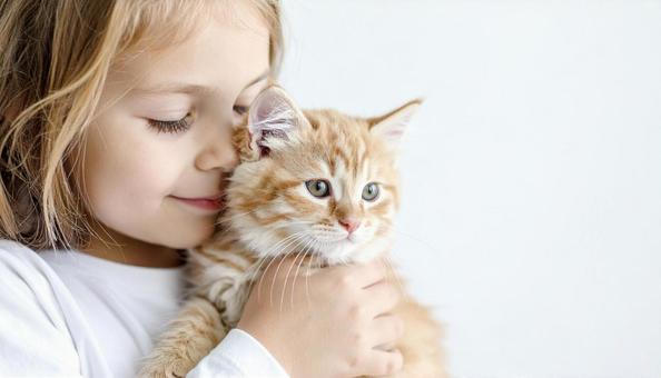 子猫を抱く女の子 子猫を抱く女の子の写真