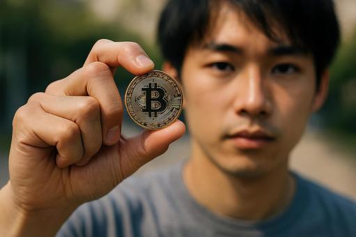 若者の手とビットコイン 若者の手とビットコインの写真