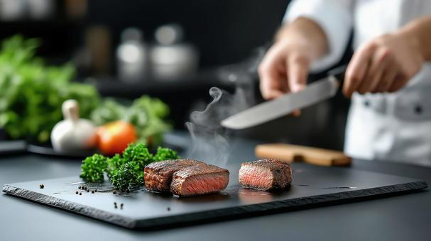 レアステーキとナイフを持つシェフの写真