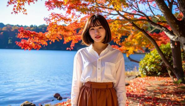 紅葉が綺麗な湖畔での写真