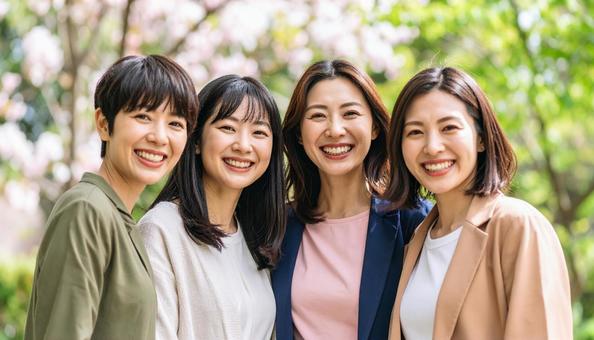 笑顔の4人組の女性の写真