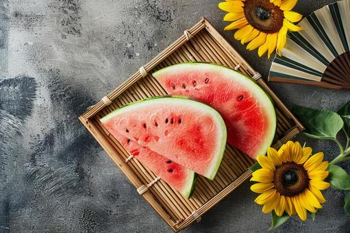夏を感じるカットスイカとひまわりの写真 夏を感じるカットスイカとひまわりの写真の写真