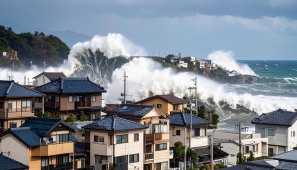 津波が押し寄せる住宅街 津波が押し寄せる住宅街の写真