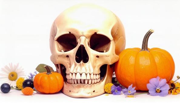 ハロウィン飾り ドクロとカボチャ 白背景 ハロウィン飾り ドクロとカボチャ 白背景の写真