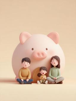 家をイメージさせる貯金箱と座る家族の写真