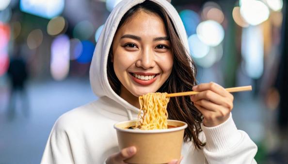カップめんを食べる大人の女性 カップめんを食べる大人の女性の写真