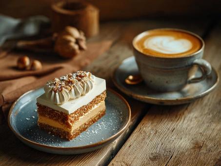 モンブランケーキとラテ モンブランケーキとラテの写真