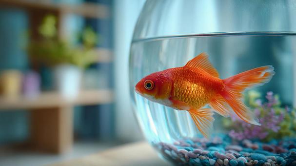 水槽で優雅に泳ぐ一匹の金魚 水槽で優雅に泳ぐ一匹の金魚の写真