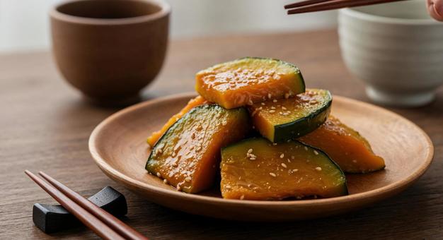 木製の皿に盛られたかぼちゃの甘露煮と胡麻 木製の皿に盛られたかぼちゃの甘露煮と胡麻の写真