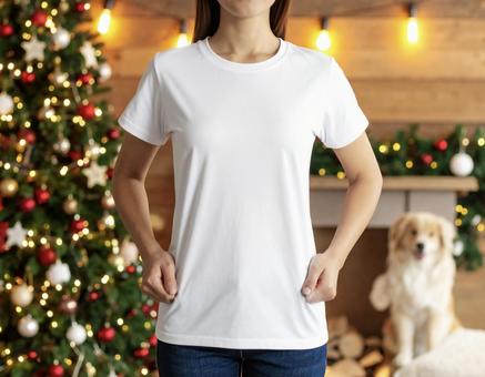 白いシャツを着た女性、クリスマスの背景 白いシャツを着た女性、クリスマスの背景の写真