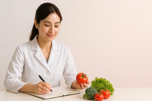 食材を手に献立を考える若手管理栄養士 食材を手に献立を考える若手管理栄養士の写真