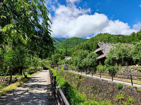 夏空と茅葺きの里 夏空と茅葺きの里 西湖いやしの里根場,山梨,茅葺屋根の写真素材