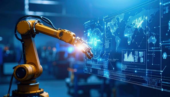 近未来的なロボットアームとデジタル空間 近未来的なロボットアームとデジタル空間の写真