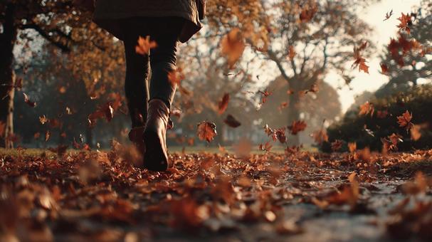 光が差す紅葉の森の写真