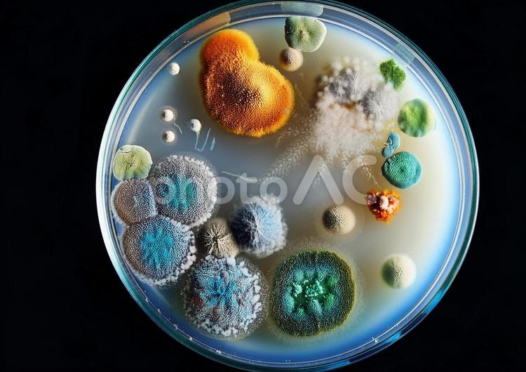 黒背景　シャーレ　カビ　実験　研究　菌類 カビ,実験,研究の写真素材