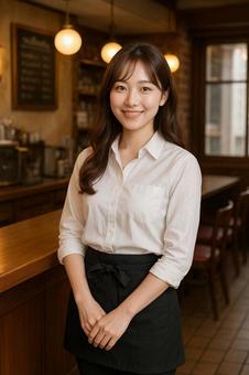 洋食屋さんで働く笑顔の素敵な女性の写真