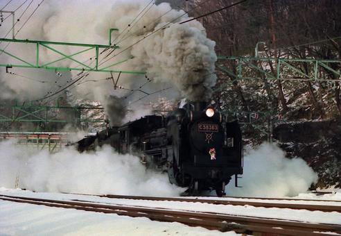雪を行く重連 sl奥利根号,c58+d51重連,蒸気機関車の写真素材