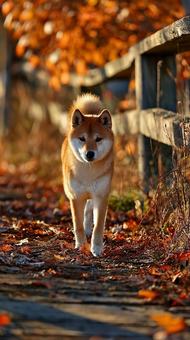 秋の道を散歩する柴犬 秋の道を散歩する柴犬の写真