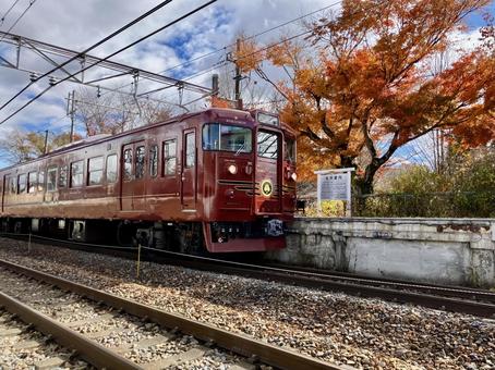 紅葉と観光列車ろくもん 観光列車ろくもん,紅葉,しなの鉄道の写真素材