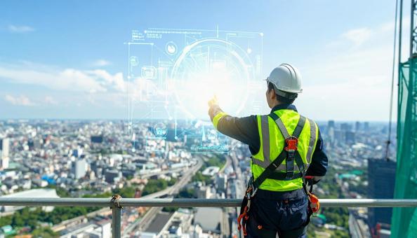 高所作業でホログラム情報を確認する作業員 高所作業でホログラム情報を確認する作業員の写真