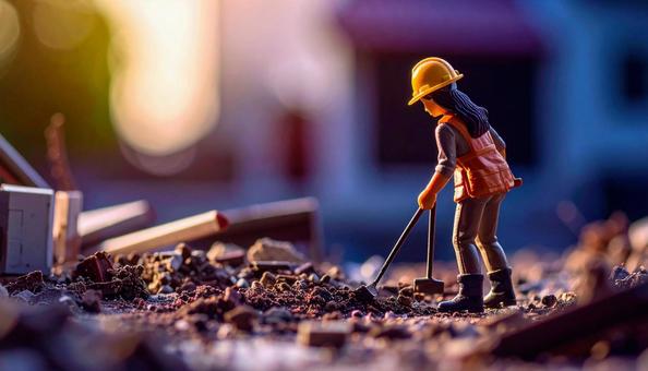 建設現場で働く建設作業員のフィギュア人形 建設現場で働く建設作業員のフィギュア人形の写真