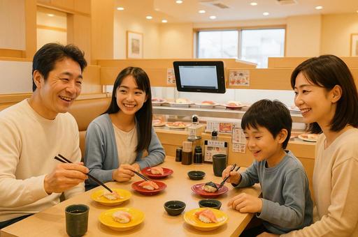 回転寿司店で食事する家族の写真